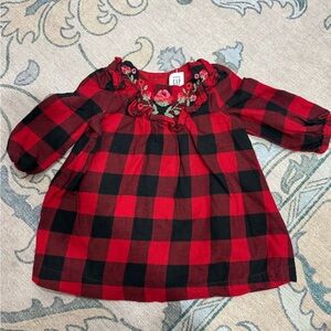 GAP Red and Black Tartan Plaid Dress with Floral Details